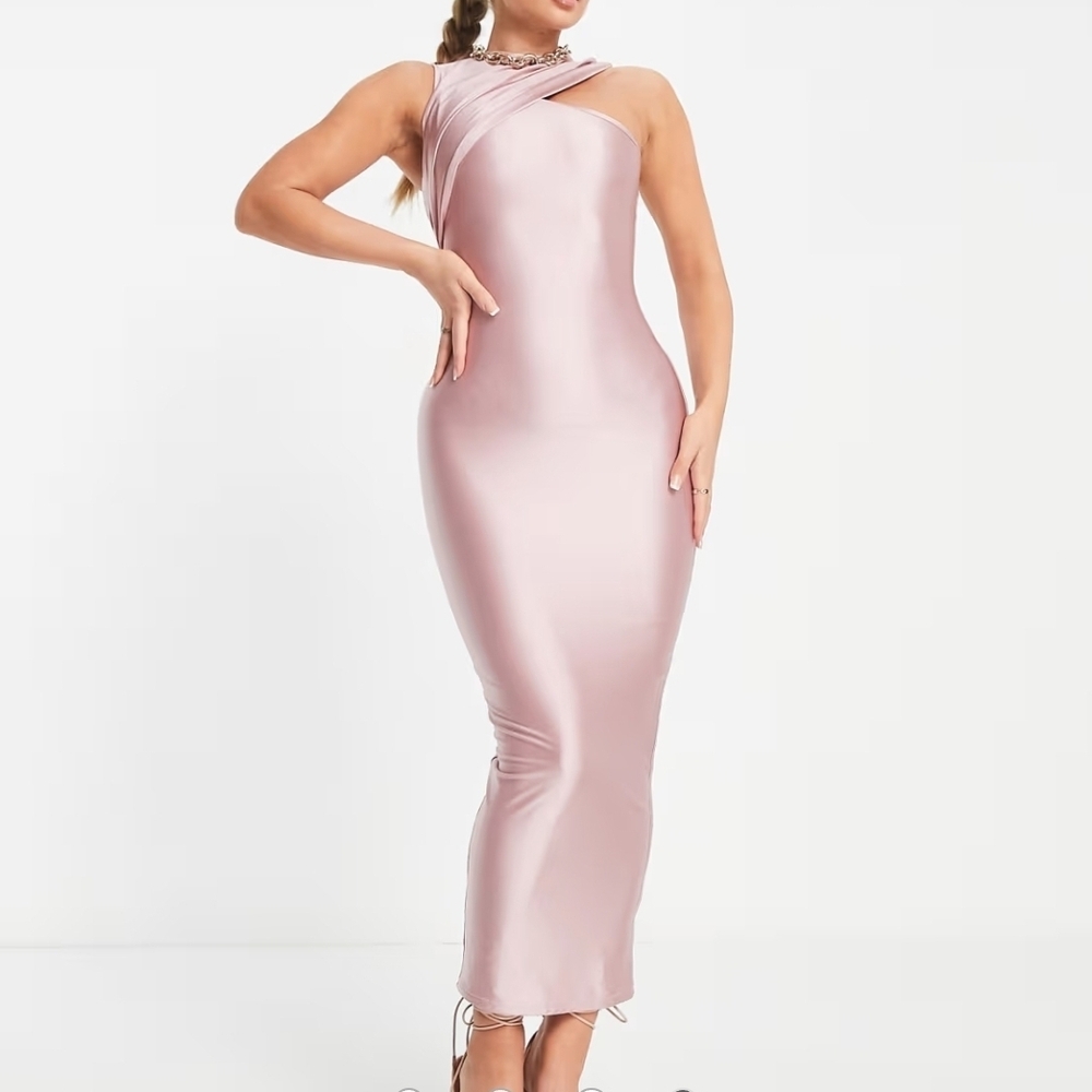 Naked Wardrobe Asymmetrical-cutout Midi Dress In Cherry Blossom
